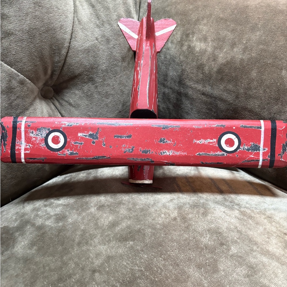 Distressed Red Wooden Airplane Decorative Accent